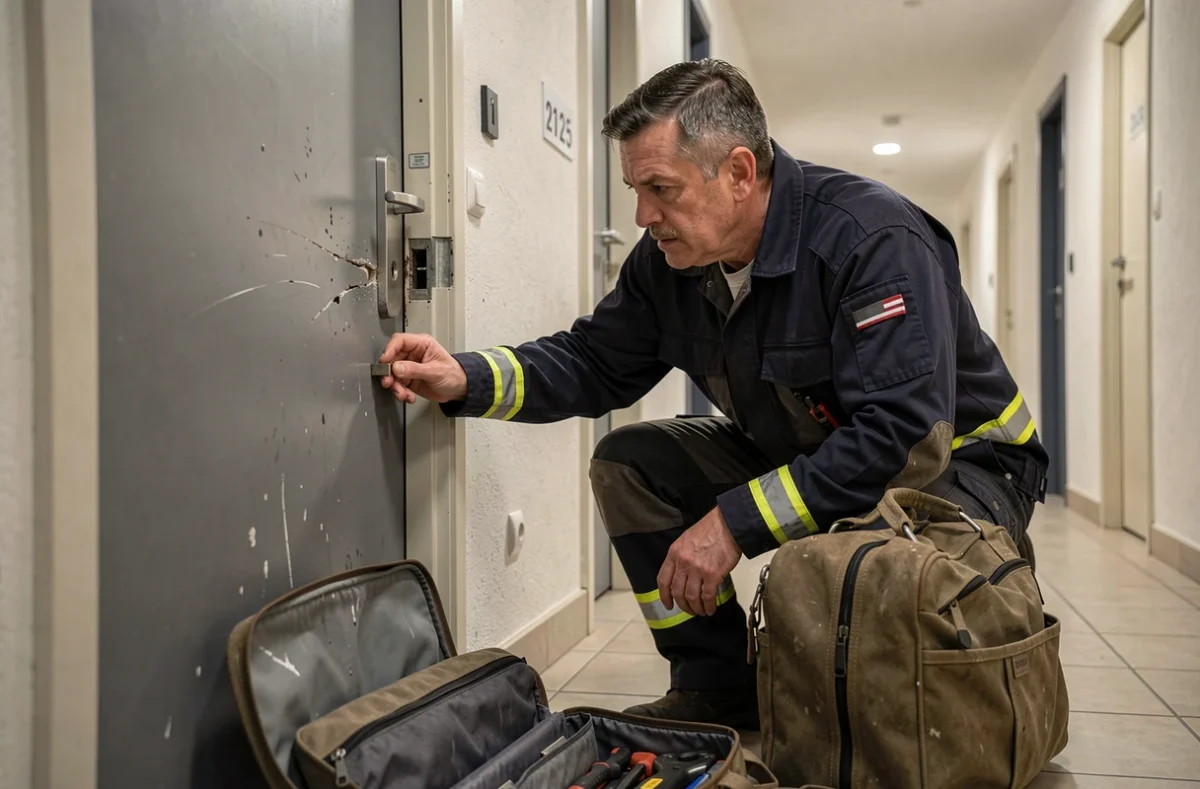 Serrurier en intervention d'urgence 24h/24 devant une porte d'appartement au Havre