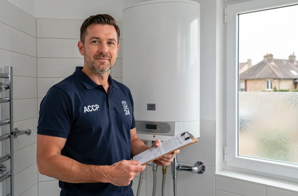 Technicien de la société ACCP 24 devant un chauffe-eau installé dans une salle de bain moderne en Dordogne