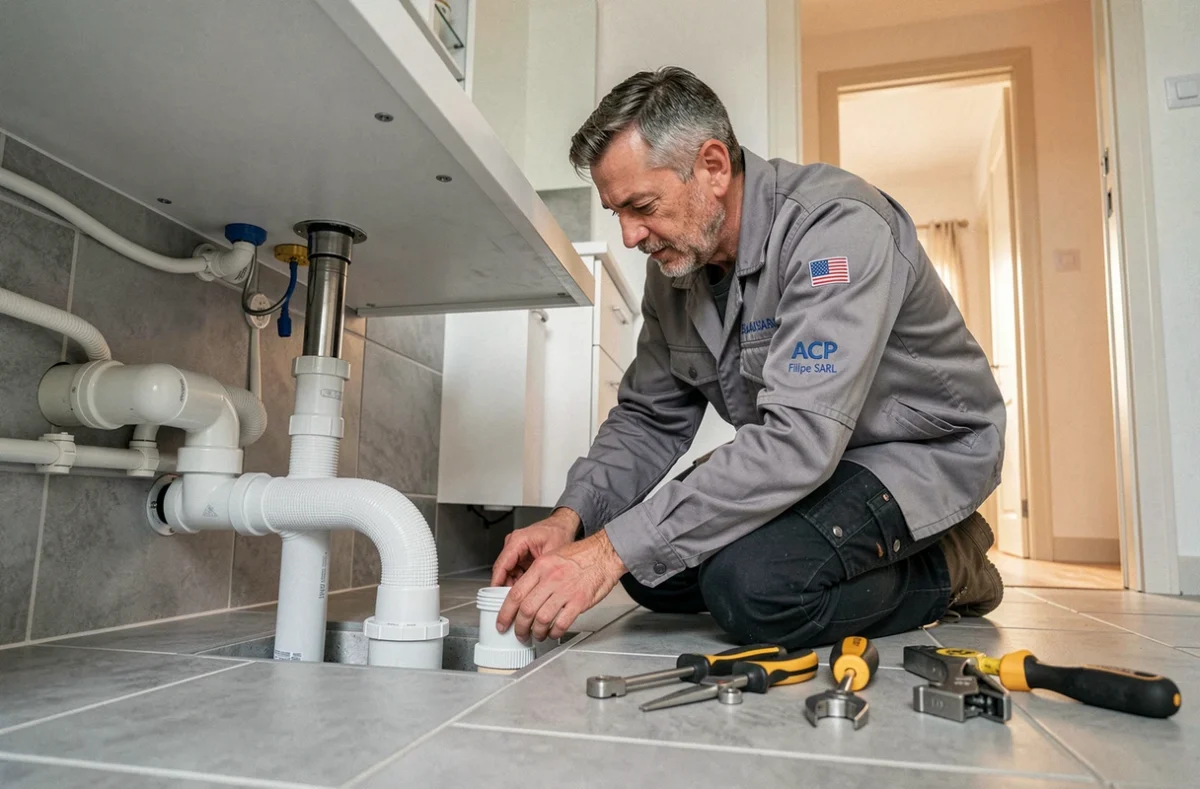 Plombier d'ACP Filipe SARL en train de connecter des canalisations PVC sous un meuble vasque dans une maison en Dordogne