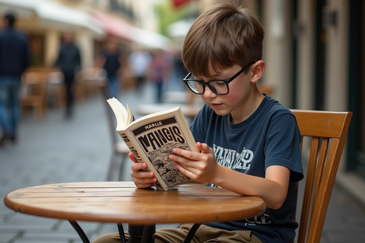 Adolescent lisant manga dans un café en plein air