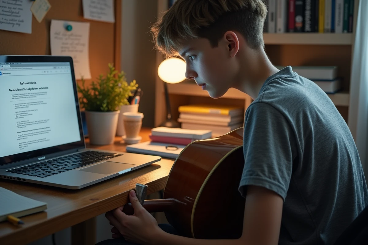 Adolescent guitariste étudiant des partitions et tablatures gratuites pour guitare sur un ordinateur portable dans sa chambre