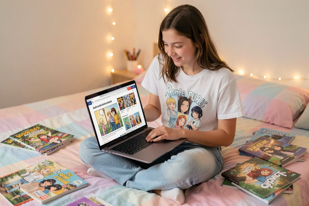 Adolescente parcourant le catalogue de webtoons en VF sur un ordinateur portable dans sa chambre décorée de mangas