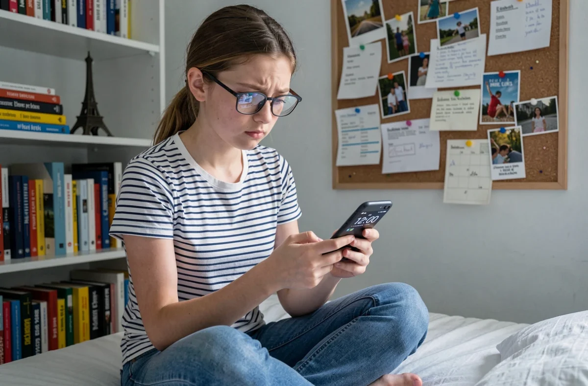Adolescente française perplexe devant l'heure 12 AM affichée sur son smartphone dans sa chambre