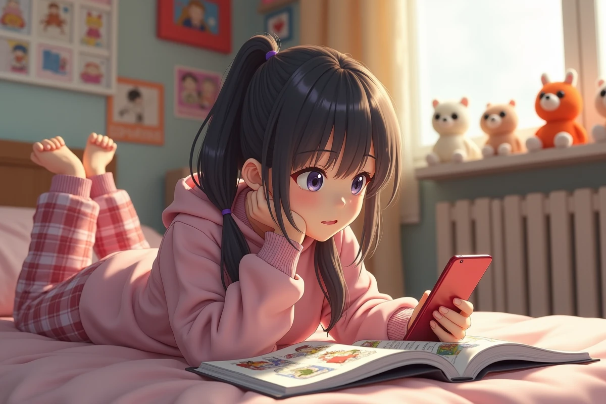 Adolescente lisant manga sur son lit dans une chambre cozy