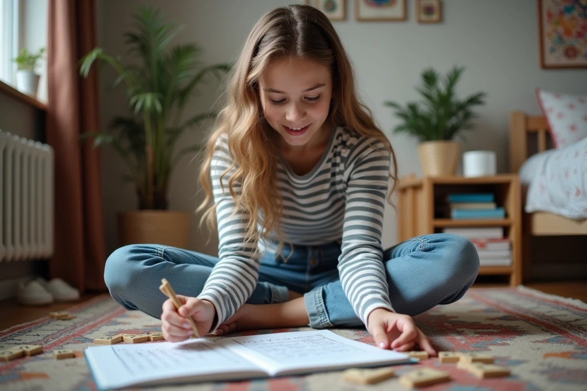 Adolescente entourée de tuiles Scrabble jouant au jeu du pendu avec des mots difficiles dans sa chambre, lettre Z en main