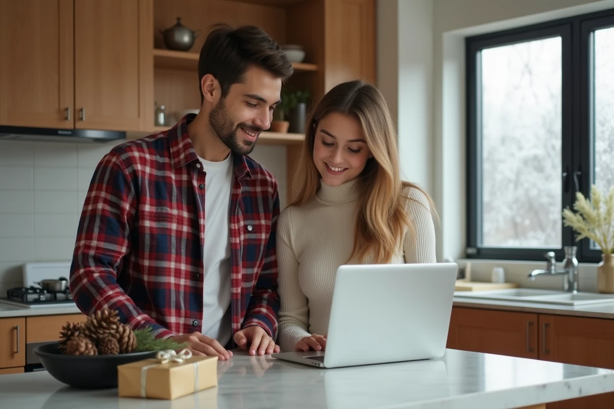 Deux adultes consultent une liste de souhaits partagée sur ordinateur portable dans une cuisine décorée pour Noël