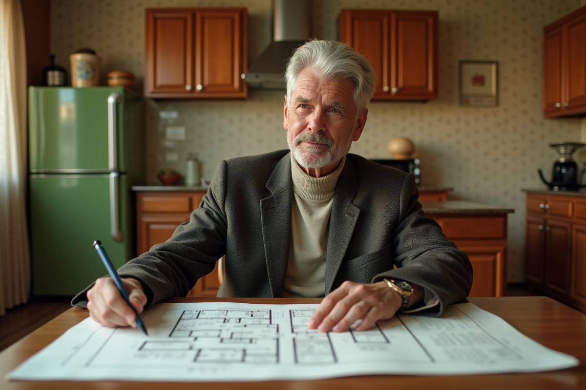 Agent immobilier senior examine plans dans cuisine rétro