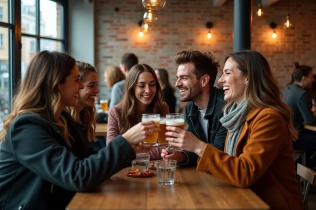 Groupe d'amis riant et trinquant dans un bar convivial