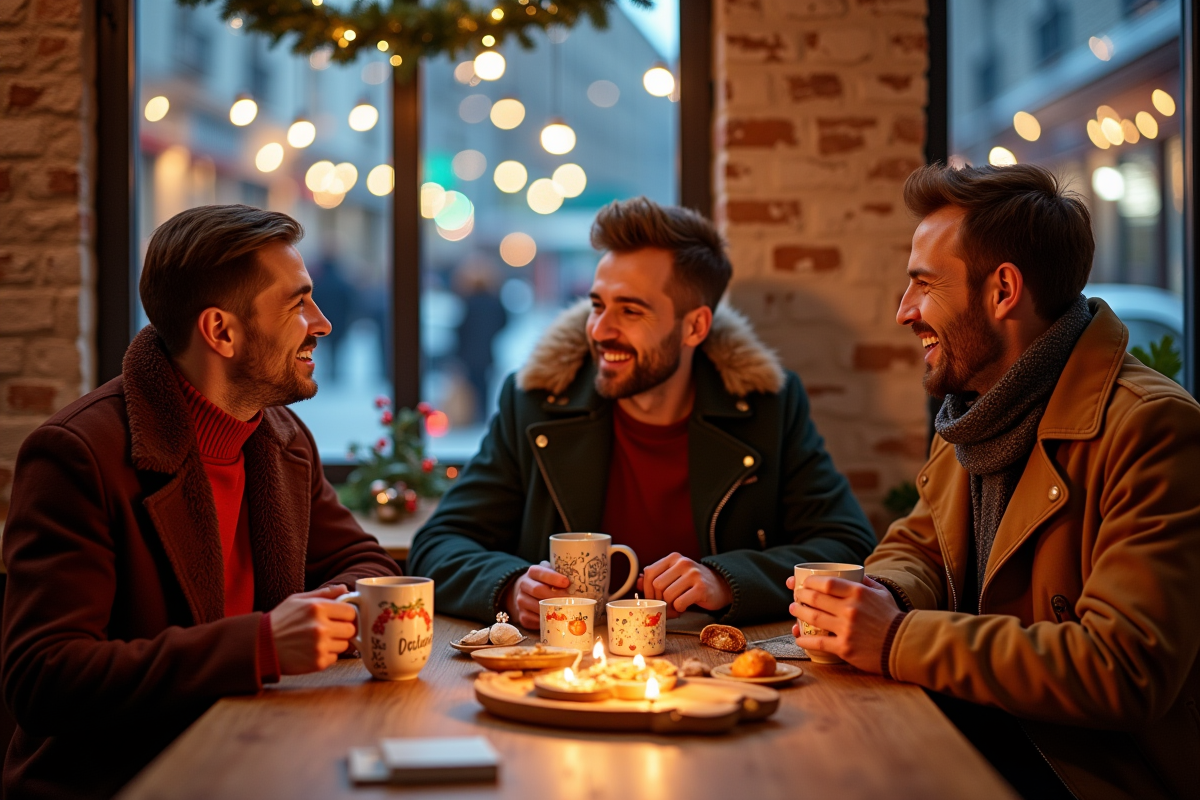 Groupe d amis autour de cadeaux de secret santa dans un café convivial