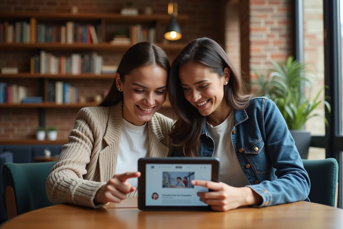 Deux amis regardent un manga sur une tablette au café