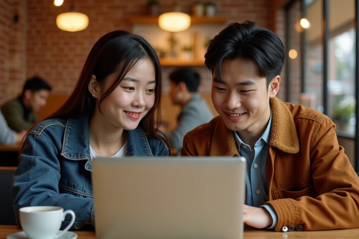 Deux amis découvrant ensemble une plateforme de lecture de manhwa légale sur un ordinateur portable dans un café
