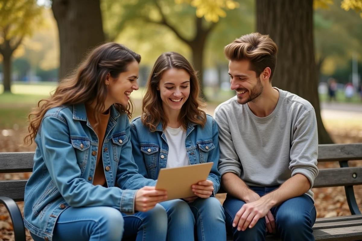 Groupe d'amis complices lisant ensemble une note manuscrite sur un banc de parc en automne