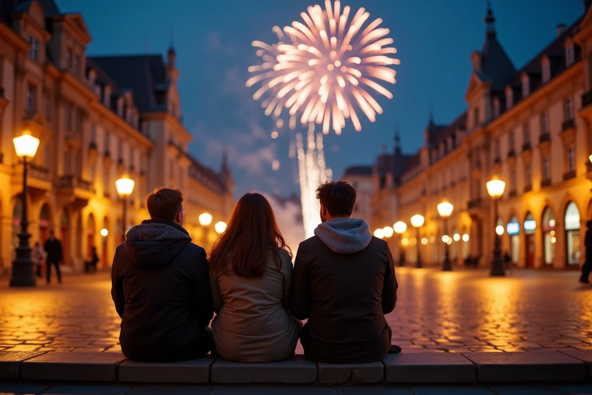 Groupe d'amis assis sur des marches d'une place historique de Lille regardant un feu d'artifice dans le ciel