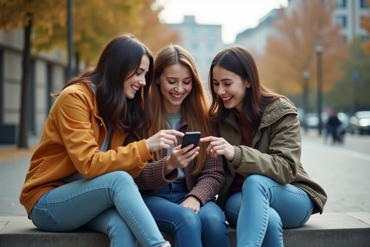 Trois amis rient en regardant un smartphone en ville