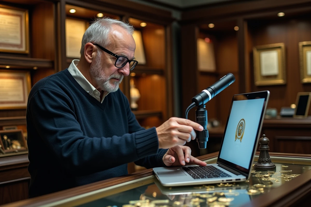 Antiquaire inspectant un poinçon or étranger sur une bague à l'aide d'un microscope numérique en boutique