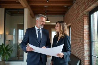 Architecte et cliente dans un appartement rénové avec murs en briques