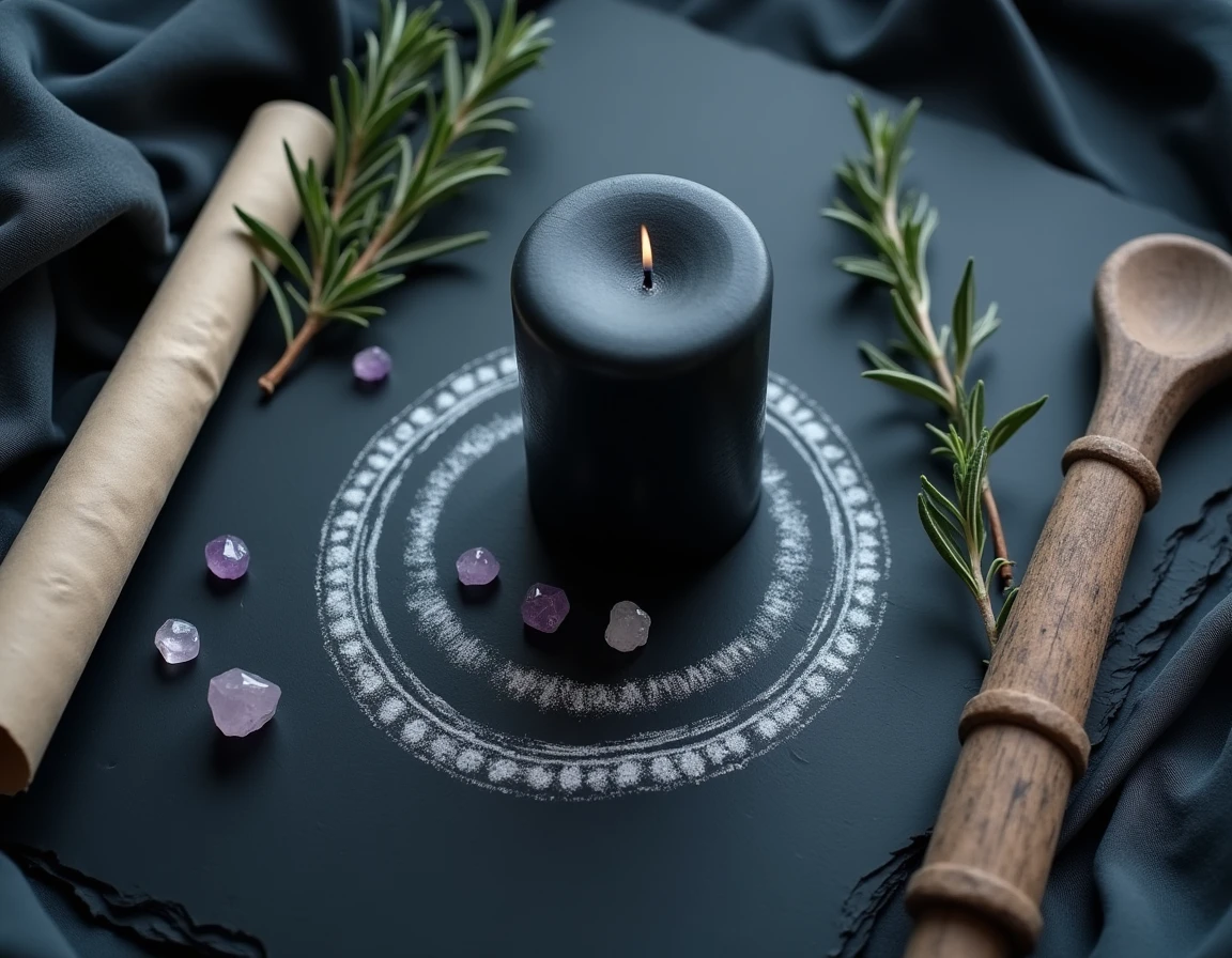 Vue de dessus d'un arrangement rituel avec bougie noire, cristaux, romarin séché et parchemin pour un nettoyage spirituel profond