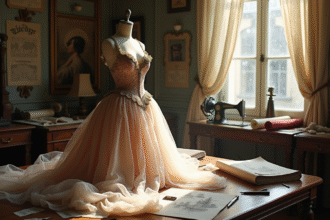 Studio couture vintage parisien avec mannequin et robe Lanvin