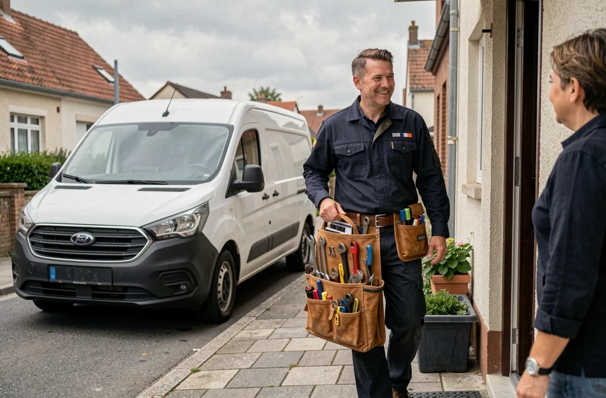 Technicien multiservice arrivant chez un particulier en Seine-Maritime avec sa camionnette équipée