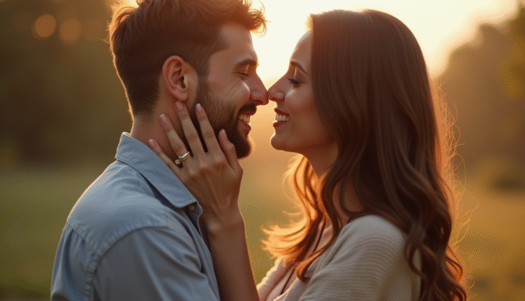 Homme tenant tendrement le visage de sa partenaire avant un baiser en plein air