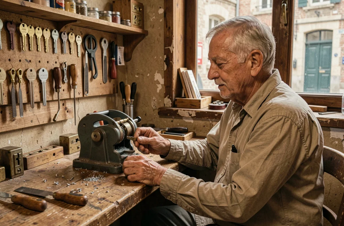 Artisan serrurier âgé découpant une clé sur une machine traditionnelle dans son atelier à Rouen