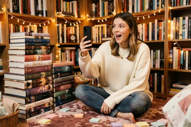 Jeune femme filmant une vidéo BookTok entourée de romans romantasy aux couvertures illustrées dans une chambre cosy