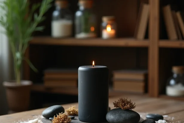 Bougie noire sur un autel en bois entourée d'herbes séchées, pierres d'obsidienne et sel marin pour un rituel de nettoyage énergétique