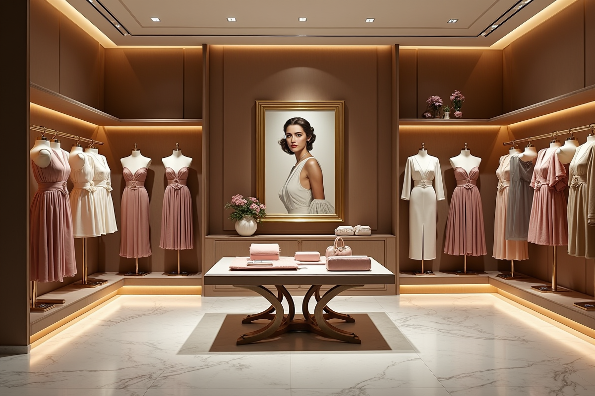 Intérieur boutique Lanvin moderne avec robes et portrait de Jeanne Lanvin
