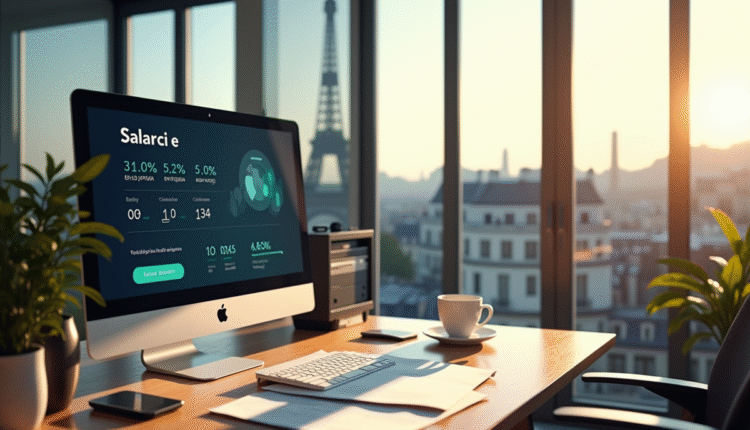 Bureau moderne à Paris avec écran affichant salaire