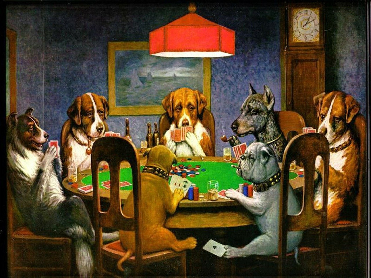 Un chien jouant aux cartes avec des hommes à une table