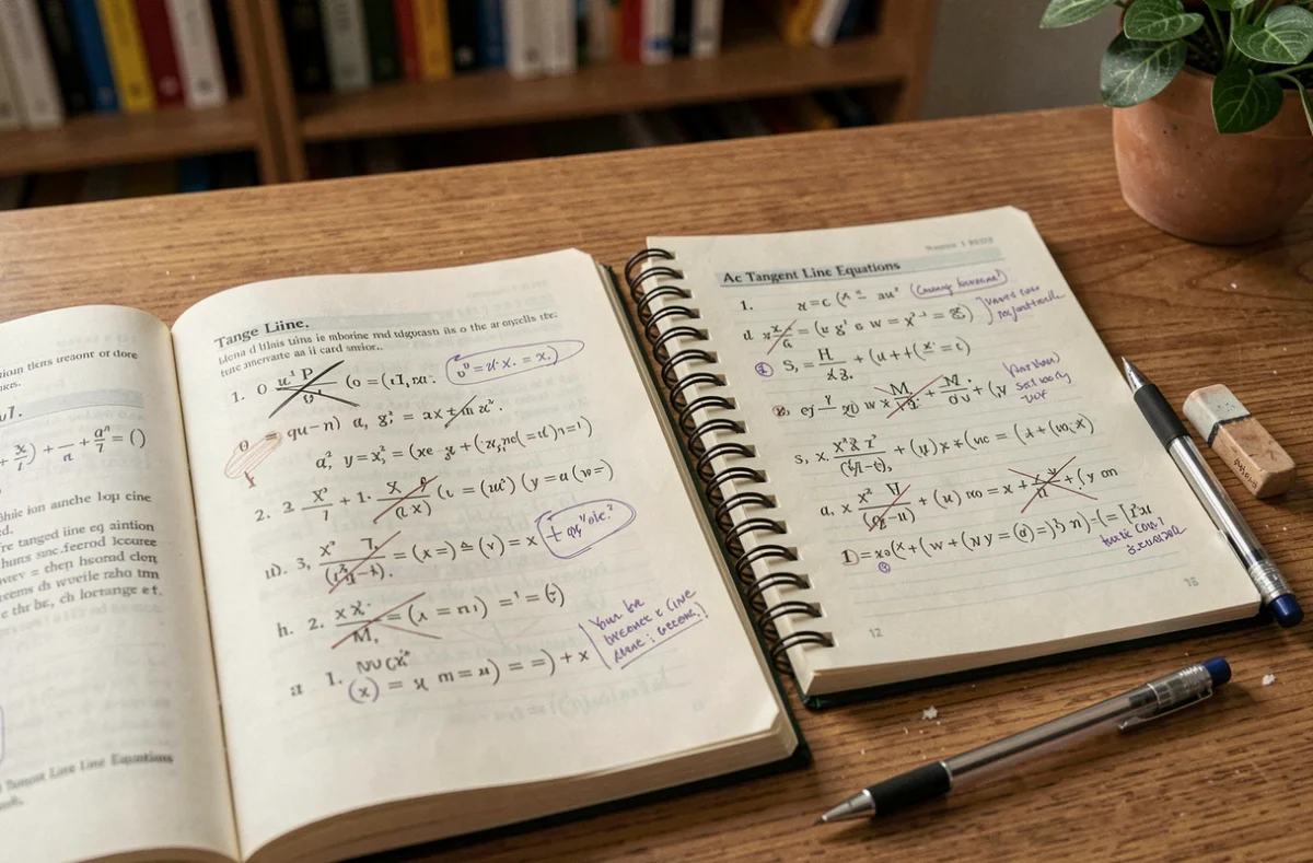 Gros plan sur un cahier et un manuel de mathématiques avec des corrections d'équation réduite de tangente annotées au crayon