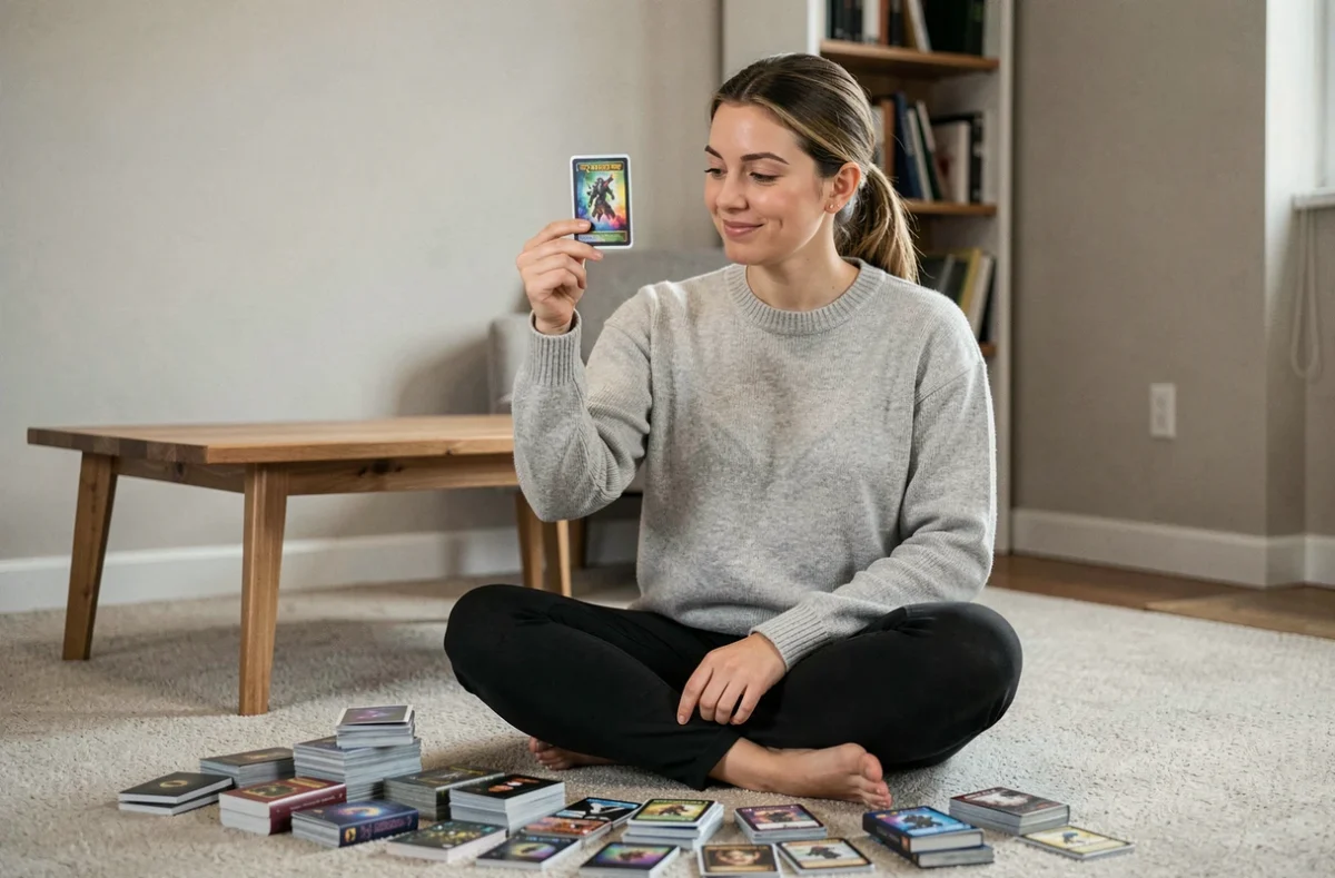 Femme examinant une carte rare holographique issue d'un booster Étincelles Déferlantes chez elle