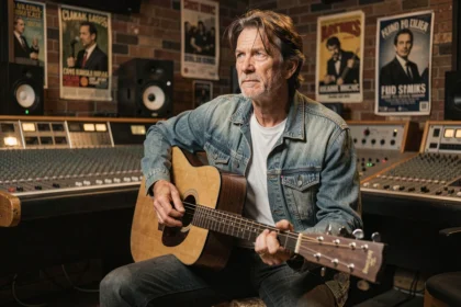 Chanteur français avec guitare acoustique dans un studio d'enregistrement vintage évoquant l'univers de Renaud et la chanson Morgane de toi