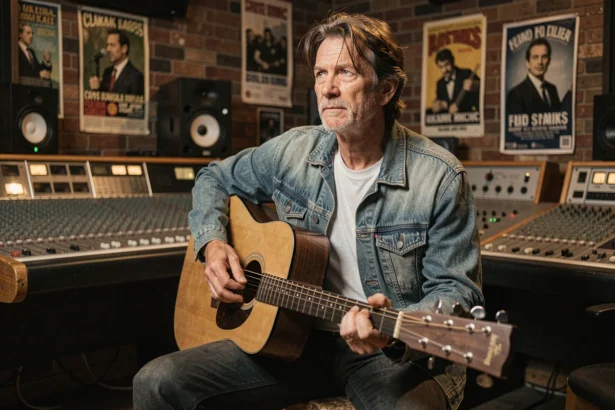 Chanteur français avec guitare acoustique dans un studio d'enregistrement vintage évoquant l'univers de Renaud et la chanson Morgane de toi