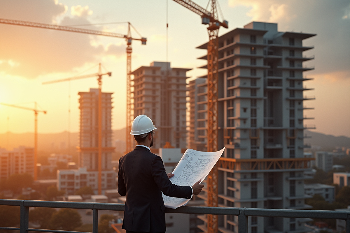 Bâtiment résidentiel en construction avec investisseur observant le site