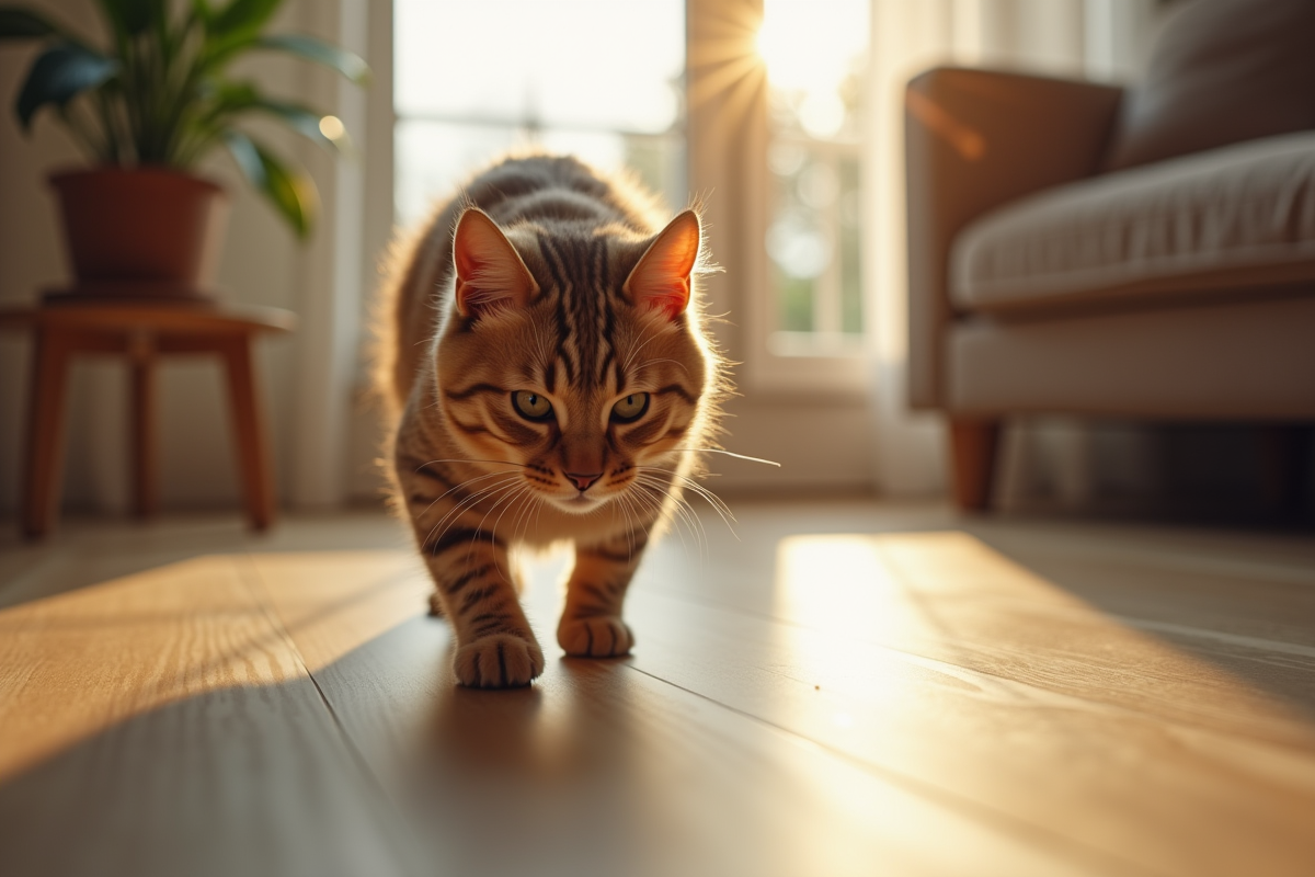 Chat hypoallergenique explorant un intérieur moderne au sol