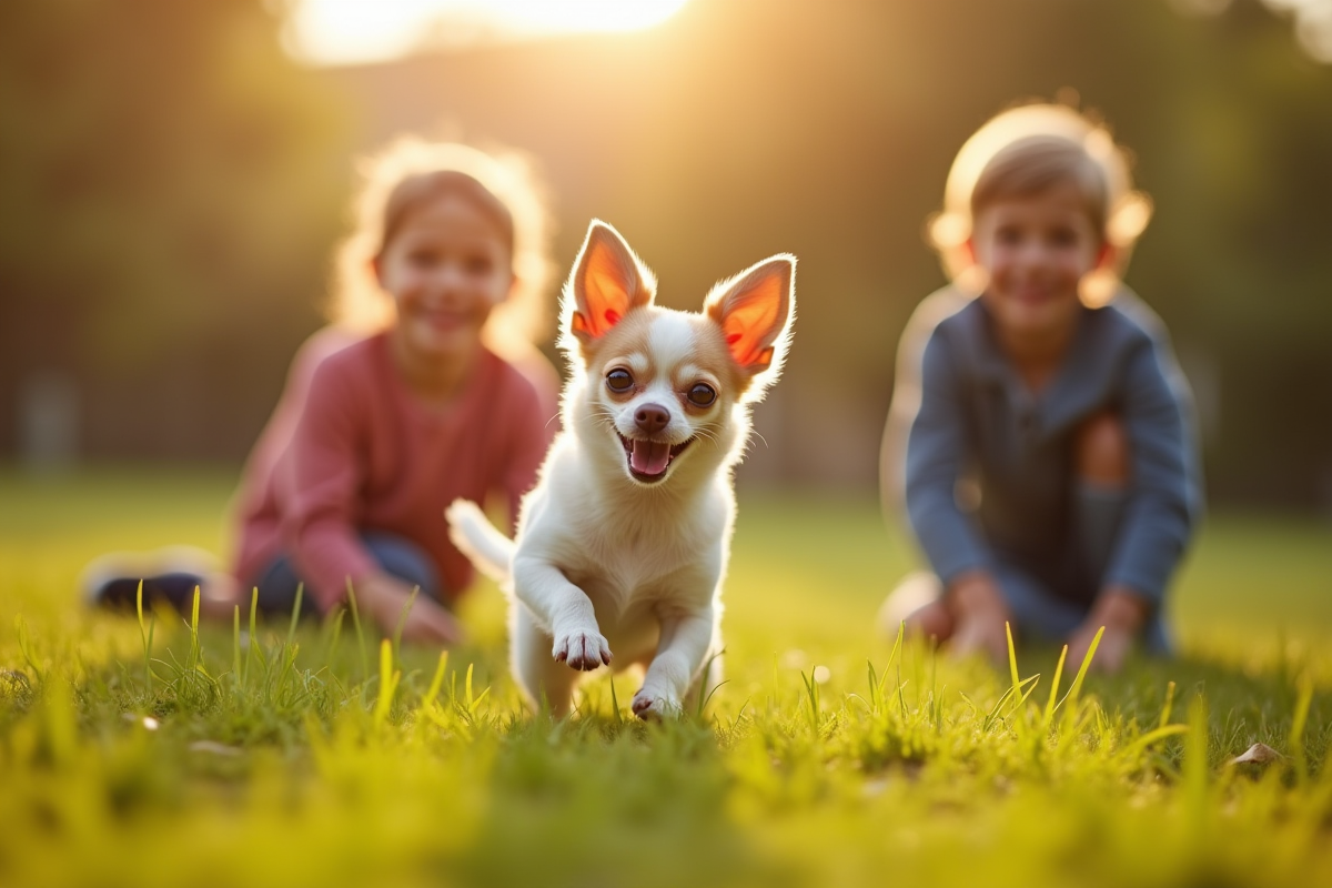 Chihuahua jouant avec deux enfants dans un parc ensoleille