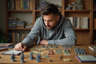 Homme choisissant un jeu de stratégie sur plateau avec des figurines et des tuiles hexagonales sur une table en bois