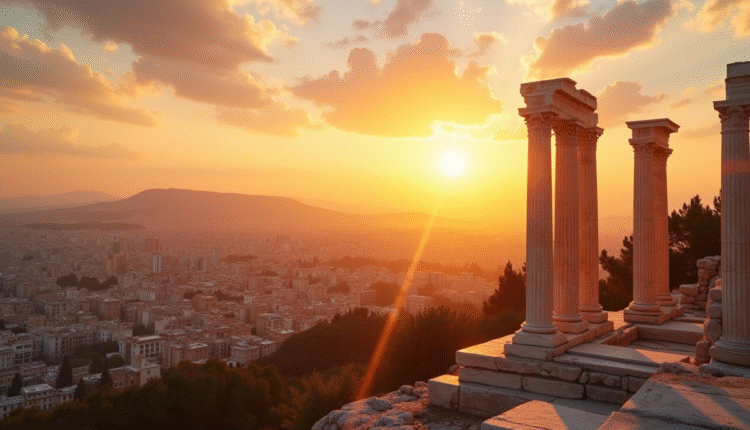 Vue de la ville d'Athènes au coucher du soleil avec l'Acropole en focus