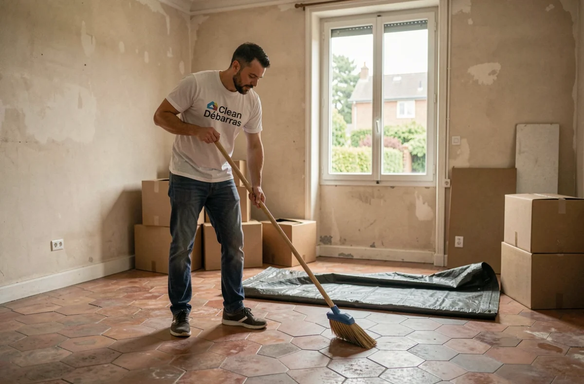 Employé de Clean Débarras nettoyant une pièce vide après un débarras complet