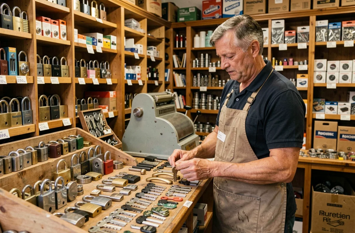 Spécialiste en quincaillerie de serrurerie présentant sa gamme de cadenas et cylindres dans une boutique artisanale à Rouen