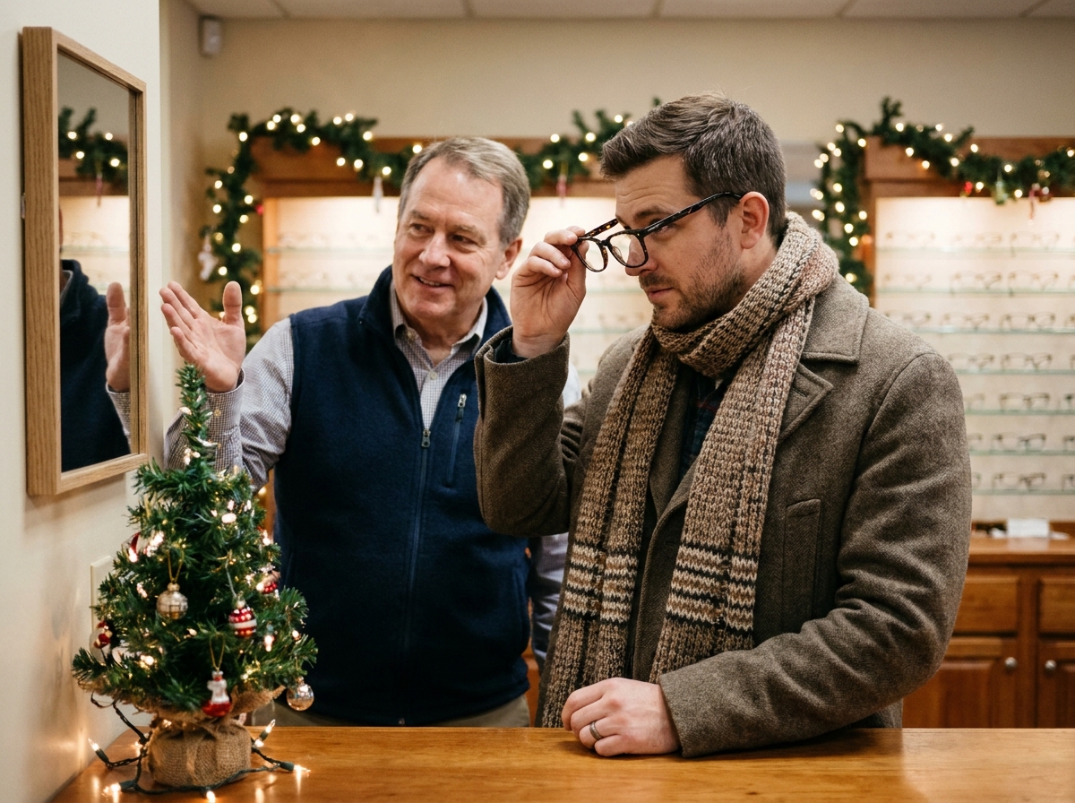 Client essayant des lunettes chez un opticien décorée pour Noël avec l'aide d'un opticien professionnel