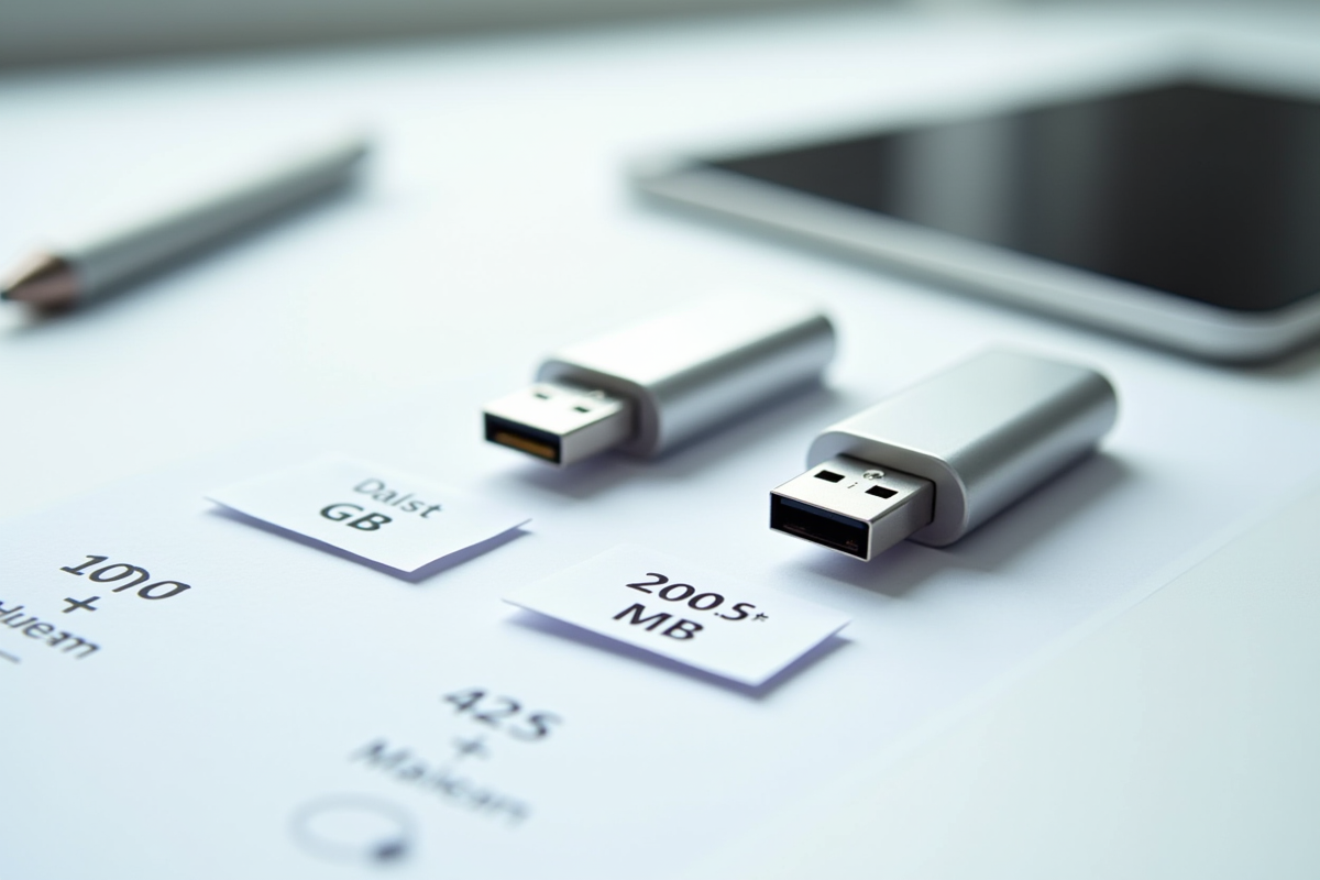 Zoom sur deux clés USB avec notes de conversion en gigabytes