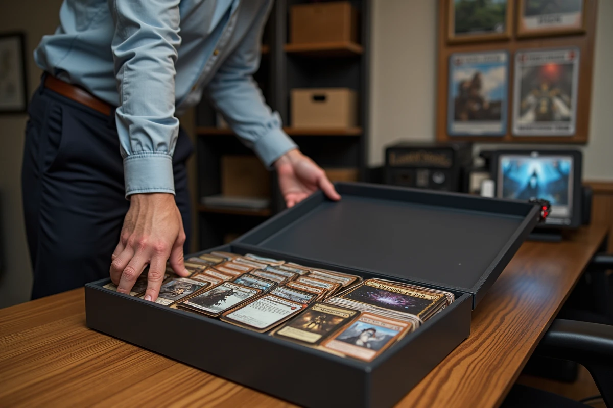 Homme manipulant une boîte de cartes à collectionner dans son bureau