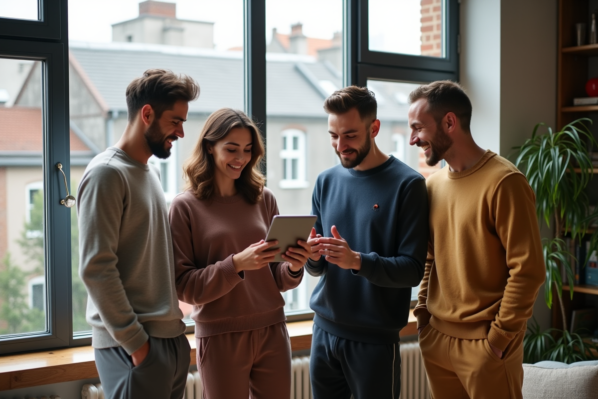 Groupe de colocataires regardant une tablette dans le salon lumineux