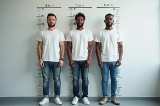 Trois hommes adultes de tailles différentes debout devant une toise murale illustrant la comparaison de la taille moyenne par pays