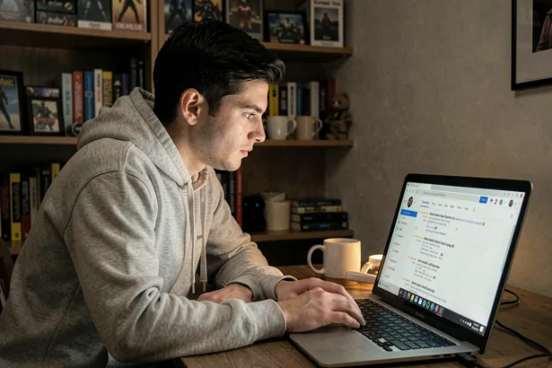 Jeune homme consultant des archives de forum JVC sur un ordinateur portable dans sa chambre