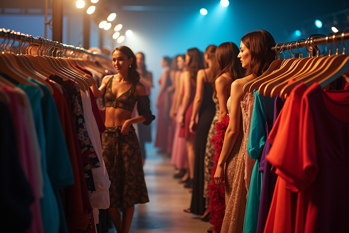 Coulisses d un défilé avec stylistes et mannequins en action