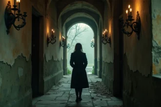 Couloir gothique mystérieux du Manoir de Paris avec une femme en manteau sombre observant l'obscurité