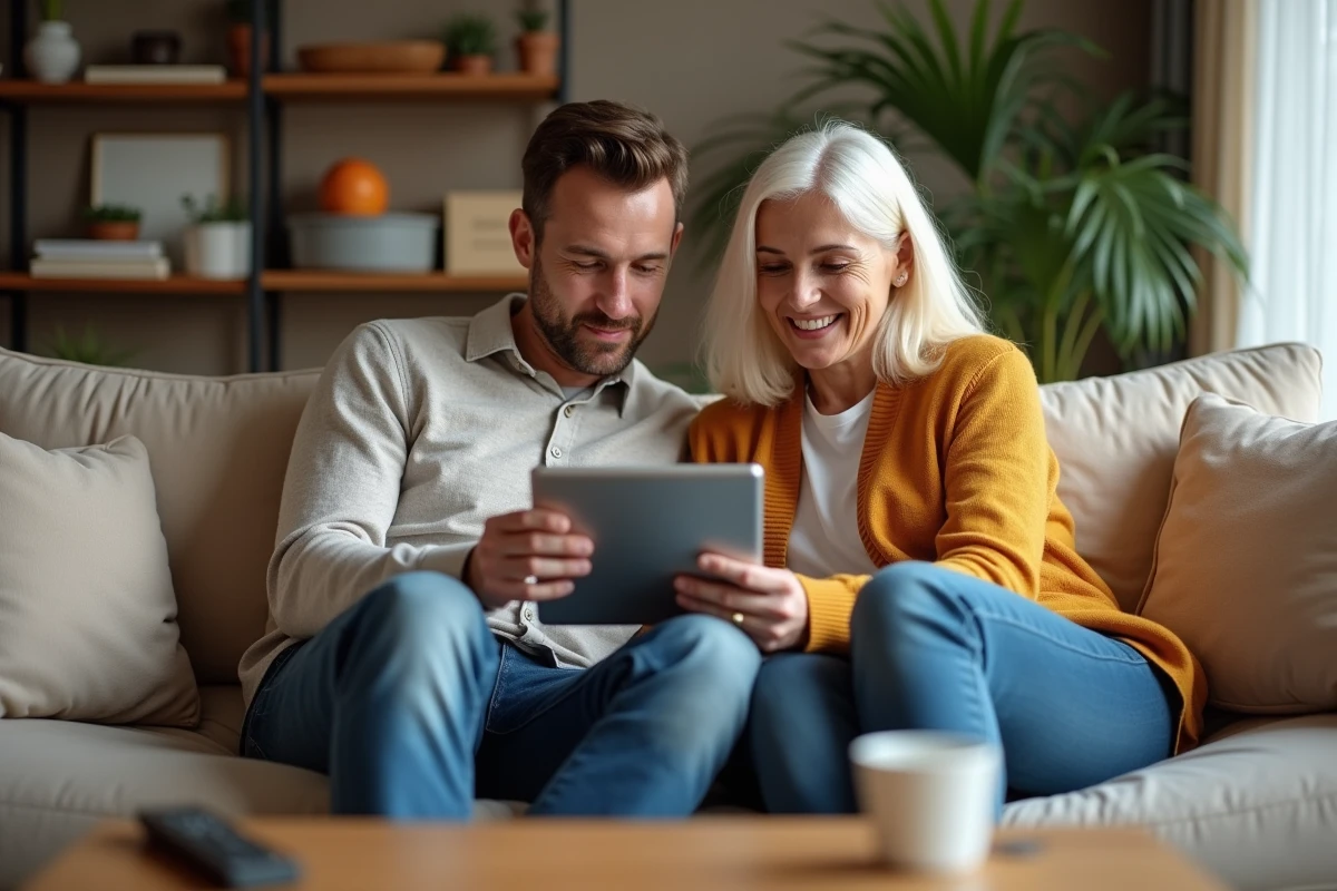 Couple consultant le compte client EDF ENR sur une tablette dans leur salon